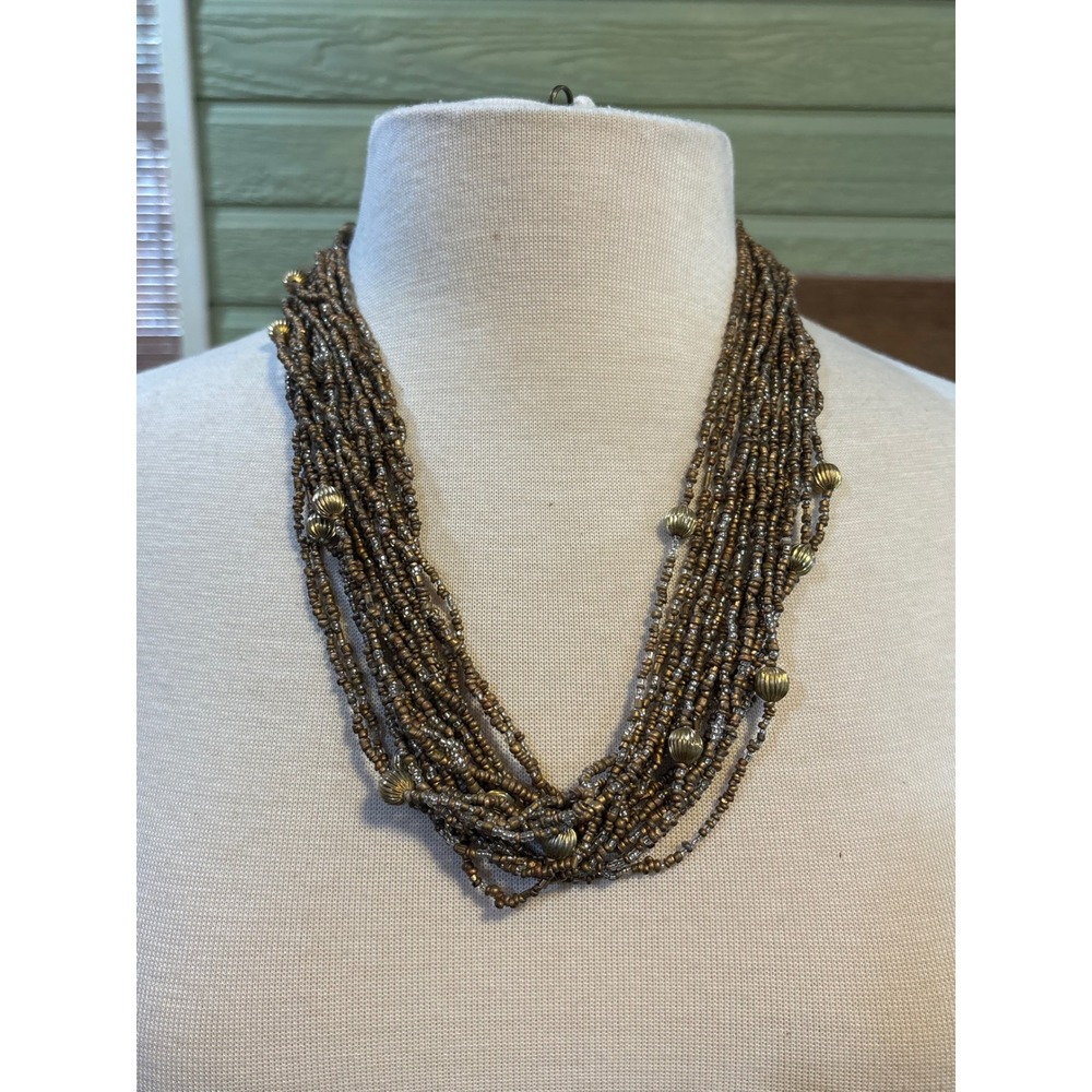 Multi Strand Gold Tone Seed Bead and Textured Ribbed Bead Statement Necklace